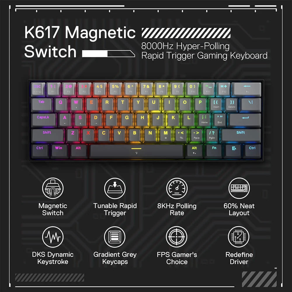 Redragon K617 FIZZ 60% Rapid Trigger Wired Magnetic Switch Gaming Keyboard